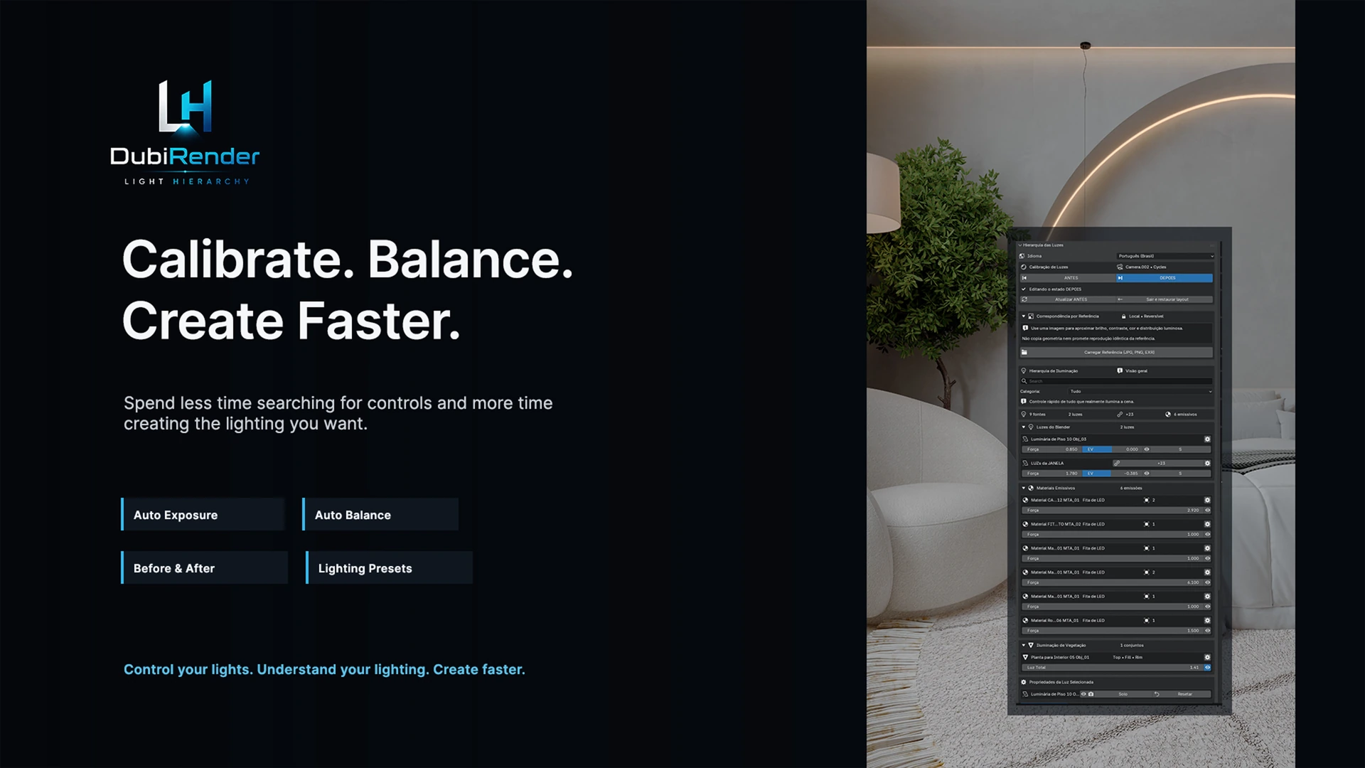 Create Faster campaign artwork showing a finished bedroom render and the real Light Hierarchy panel