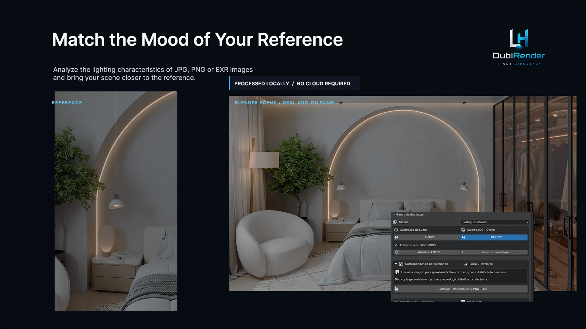 Reference Light Match campaign artwork with a reference image, a Blender scene and the real add-on panel