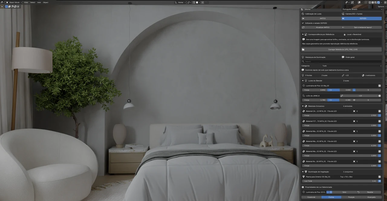 Blender bedroom scene and Light Hierarchy panel progressing from exterior light to the complete lighting setup